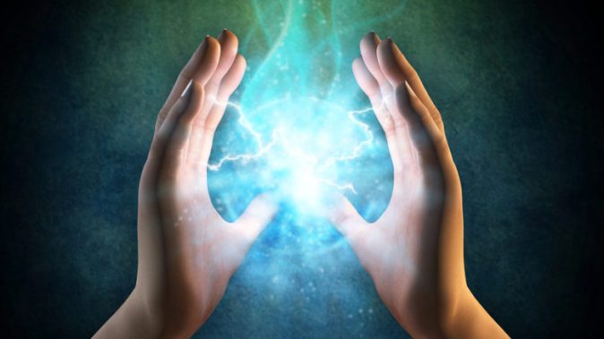 Two hands creating an energy sphere. Digital illustration.